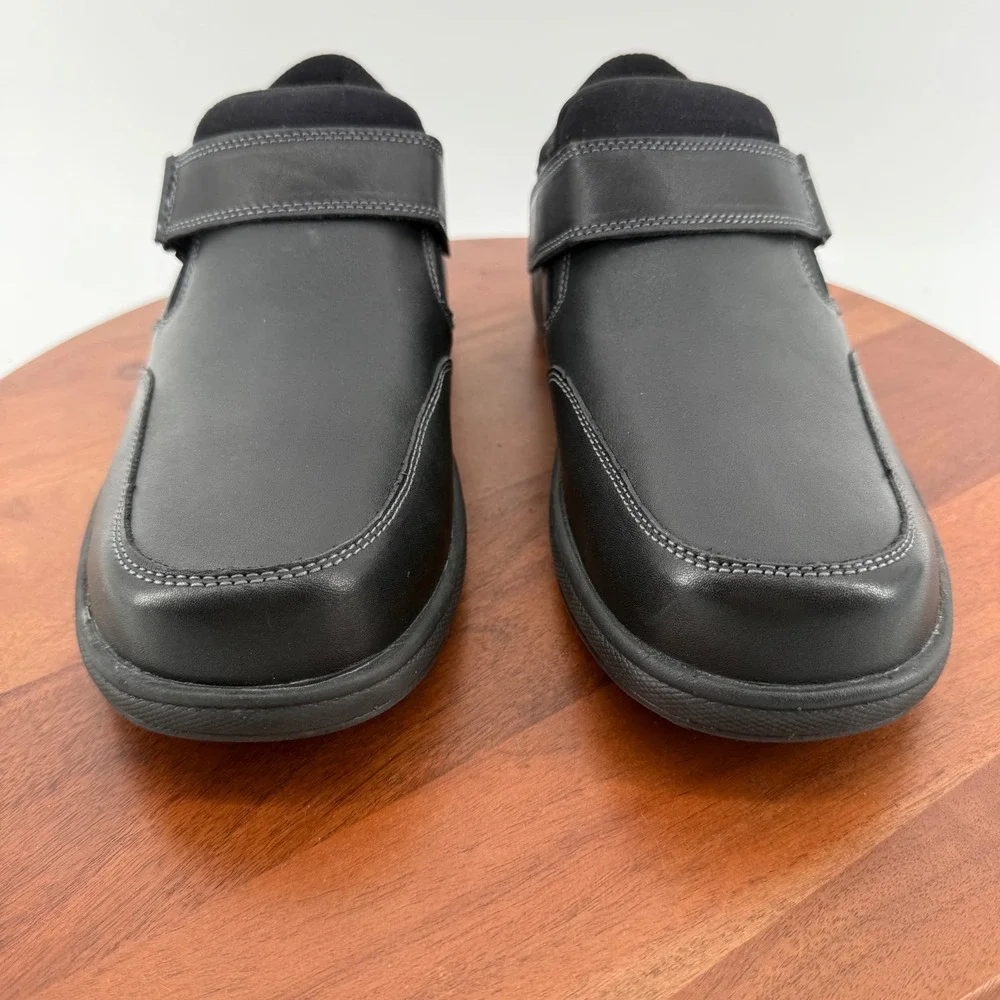 OrthoFeet 511 Mens Black Leather Hook and Loop Strap Walking Shoes 10 2E Wide